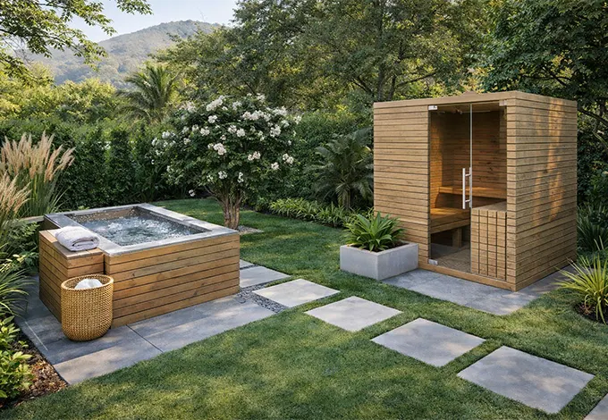 Backyard wellness zone with sauna and cold plunge in San Diego