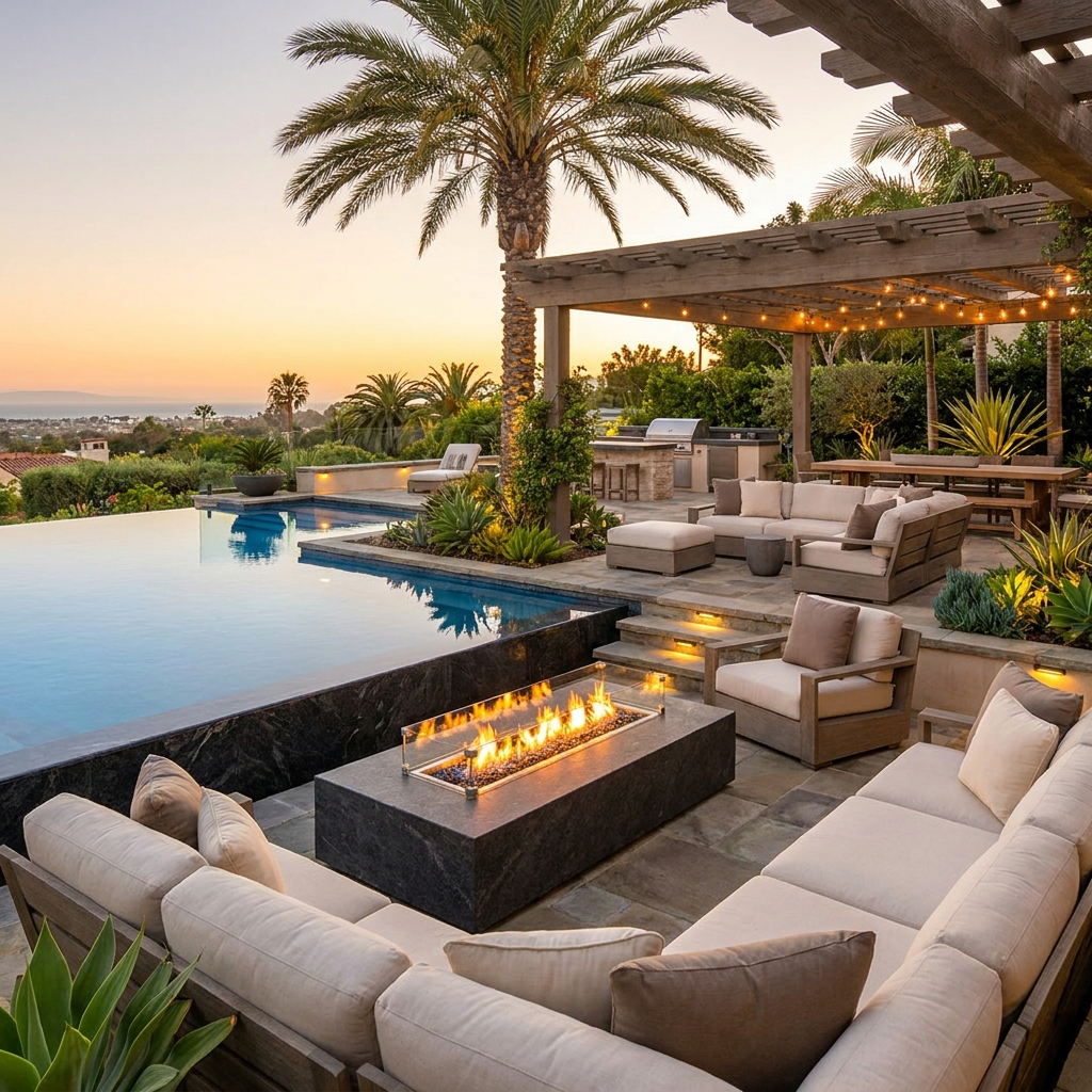 Resort-style San Diego backyard with pool, fire feature, and layered seating at golden hour