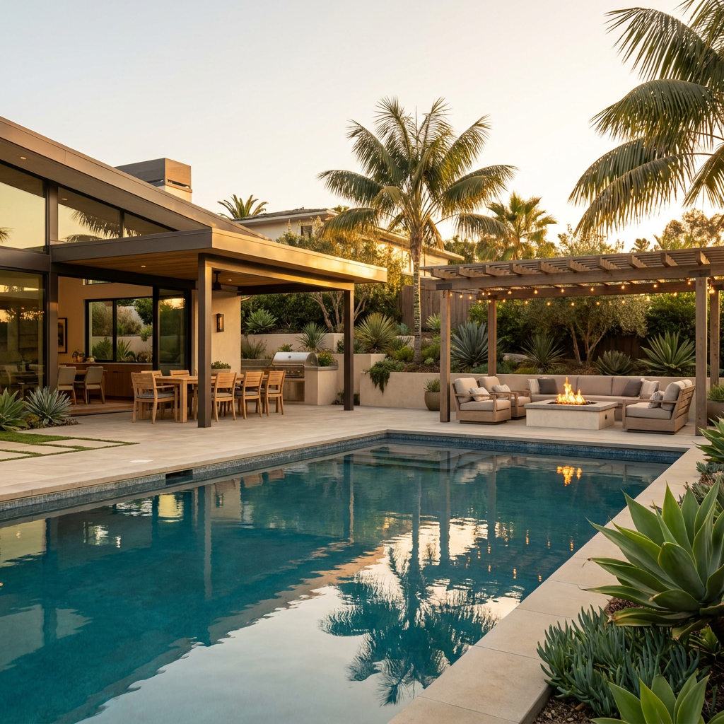 Resort-style San Diego backyard with pool, shaded lounge, and dining area at golden hour