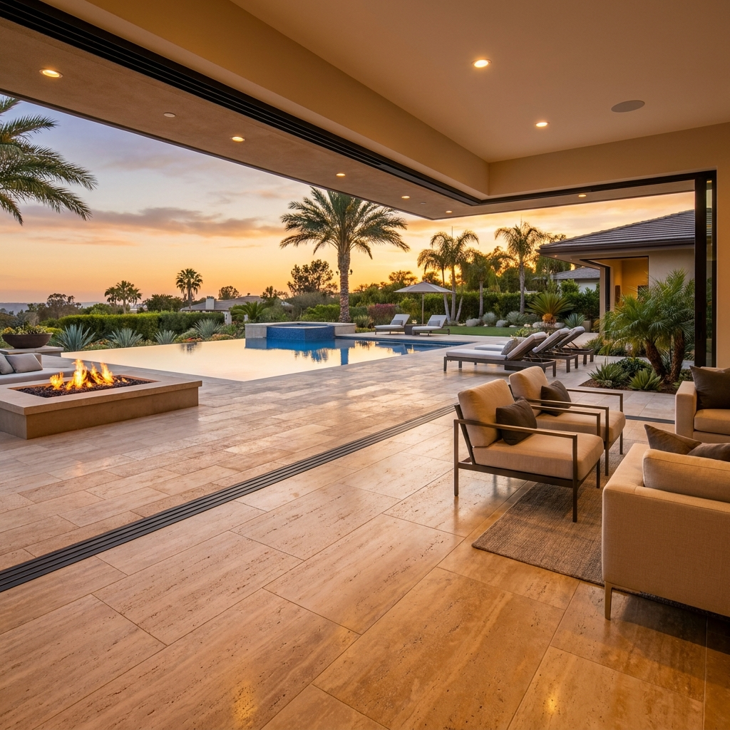 Luxury San Diego backyard with seamless indoor outdoor flow through open glass walls at golden hour