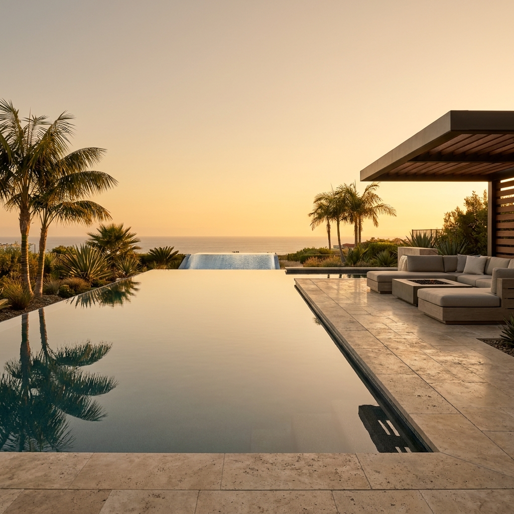 Luxury San Diego infinity edge pool at golden hour with a vanishing edge toward the horizon