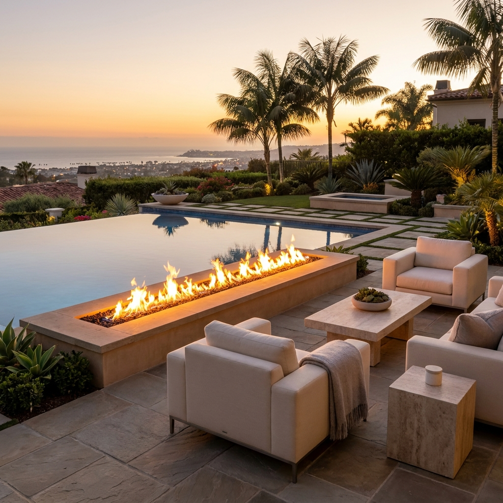 Luxury San Diego backyard layering a resort pool, fire feature, and lounge seating at golden hour