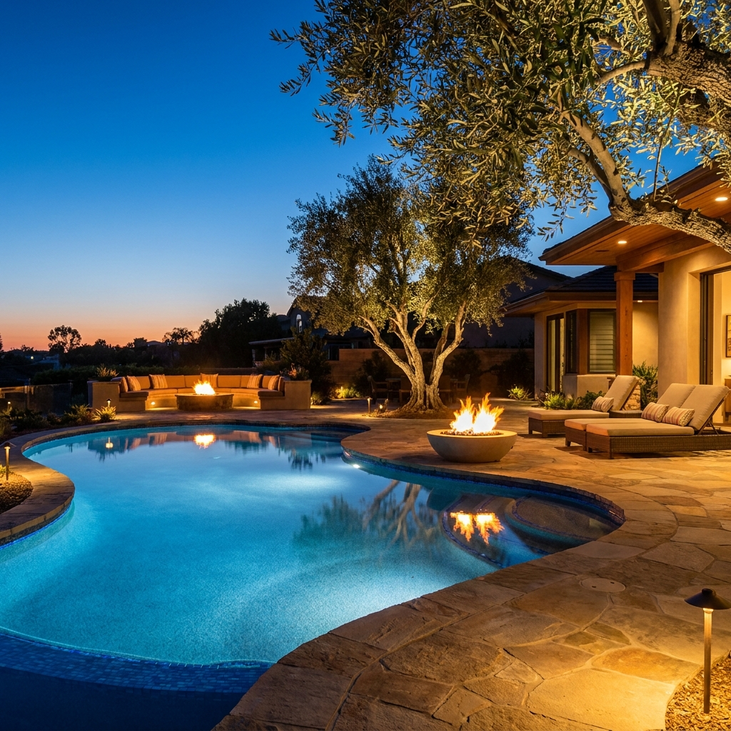 Luxury San Diego backyard with warm outdoor lighting at twilight