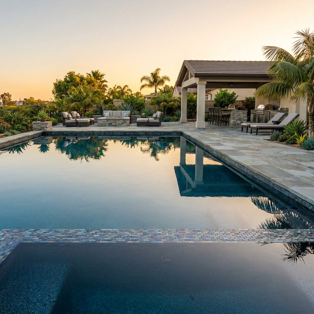 Luxury San Diego backyard pool with deep blue pebble finish and glass tile waterline at golden hour