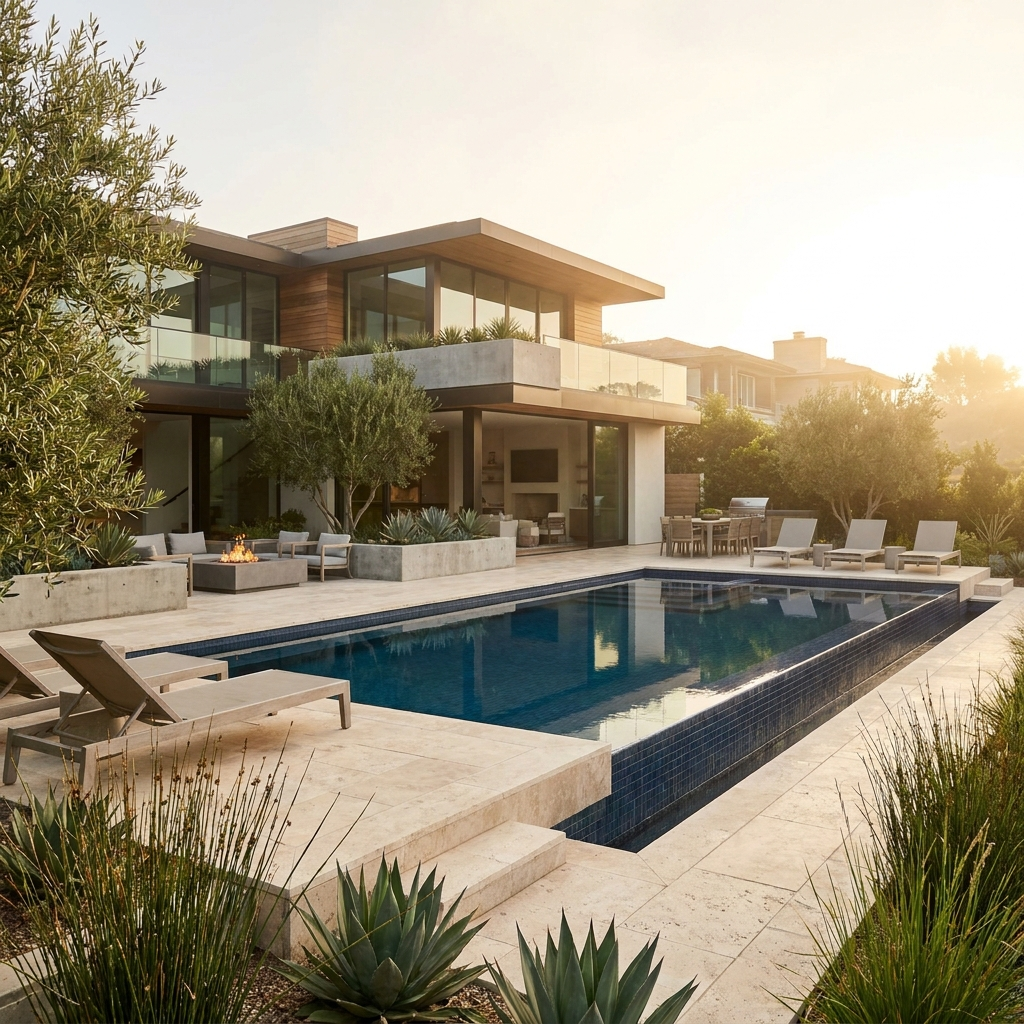 Resort-style geometric pool in a luxury San Diego backyard at golden hour