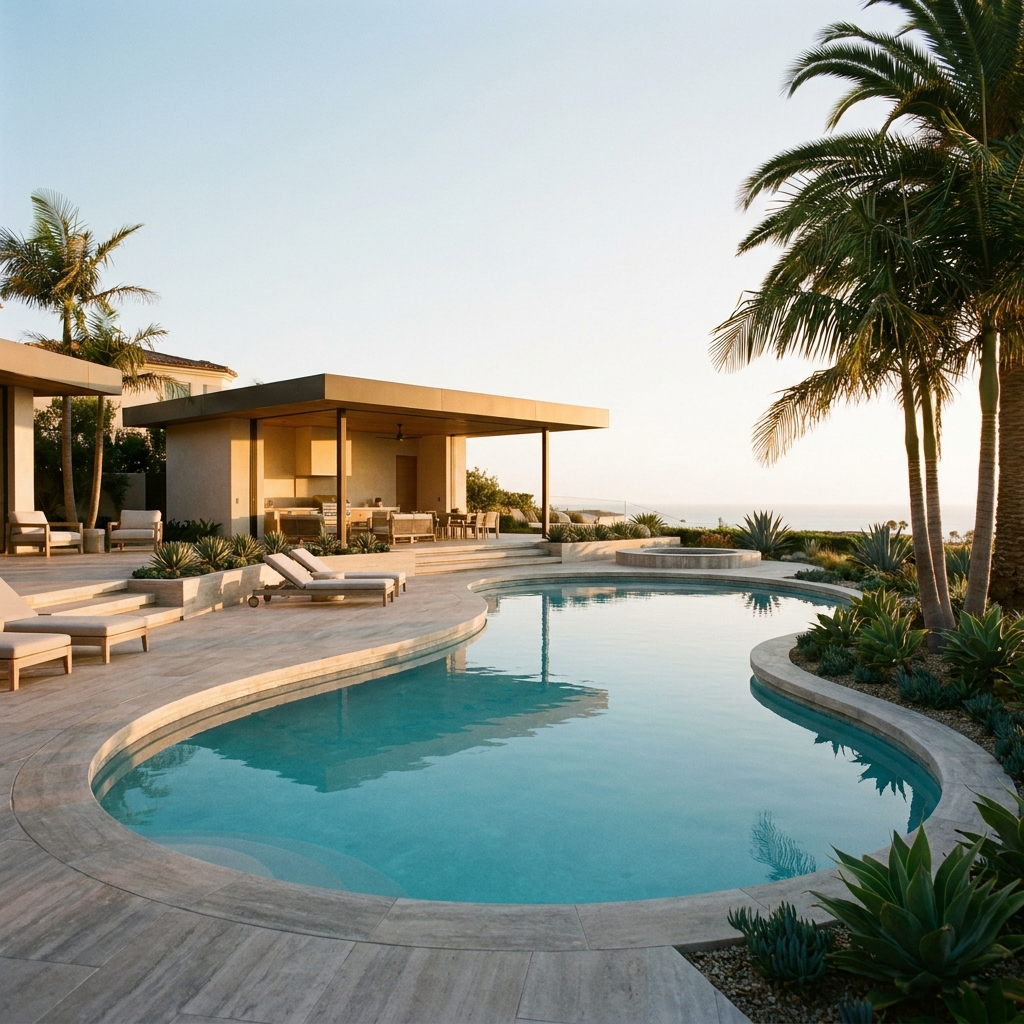Luxury San Diego backyard pool at golden hour, resort style salt water pool design