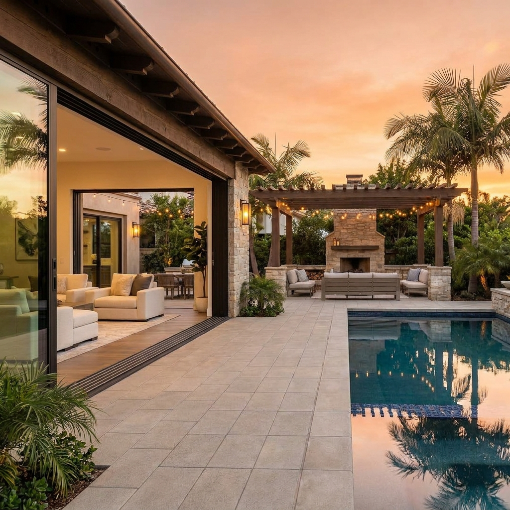 Resort-style San Diego backyard outdoor living room with covered lounge, fireplace, and pool at golden hour