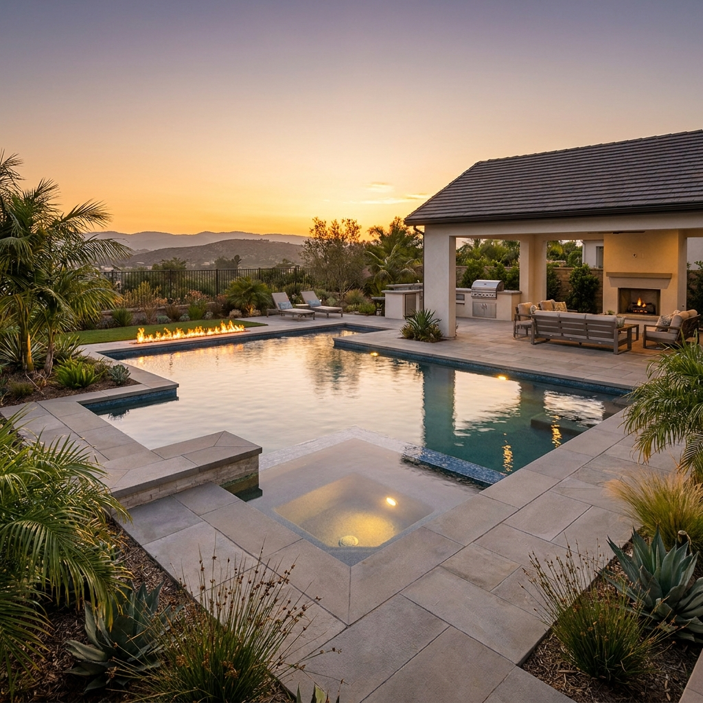 Photorealistic 3D rendering of a luxury San Diego backyard with pool, spa, and fire feature at golden hour