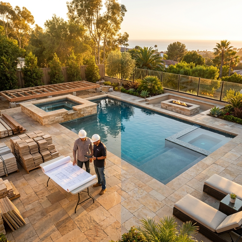 San Diego backyard construction transitioning to a finished resort-style pool at golden hour