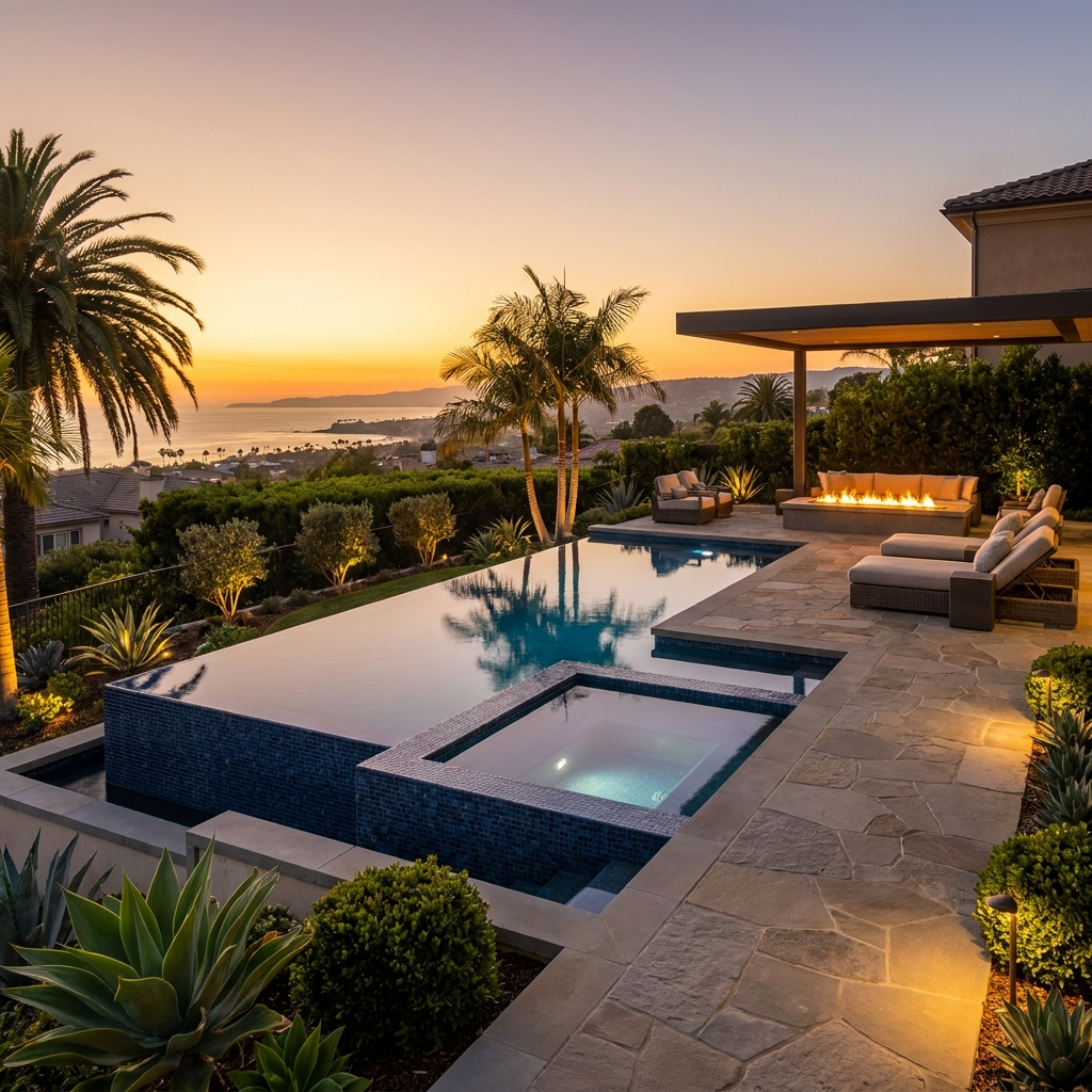 Resort-style San Diego backyard with pool, spa, and fire feature at golden hour