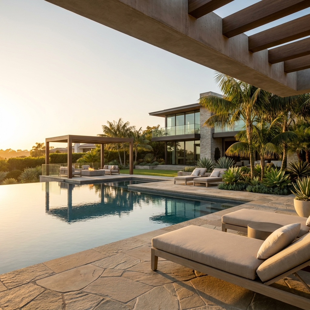 Luxury San Diego backyard with a resort-style pool and stone deck at golden hour
