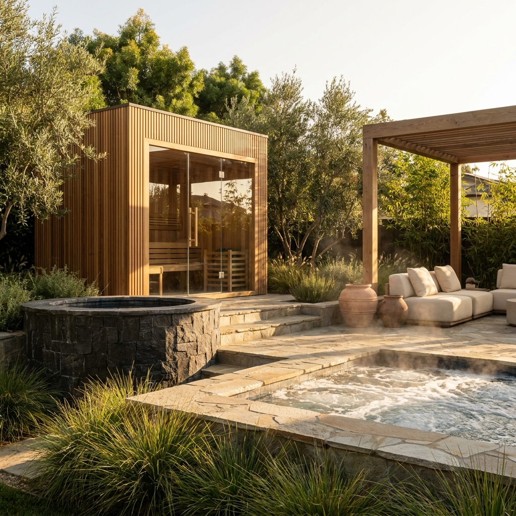 Resort-style backyard wellness zone with cedar sauna, stone cold plunge, and spa at golden hour in San Diego