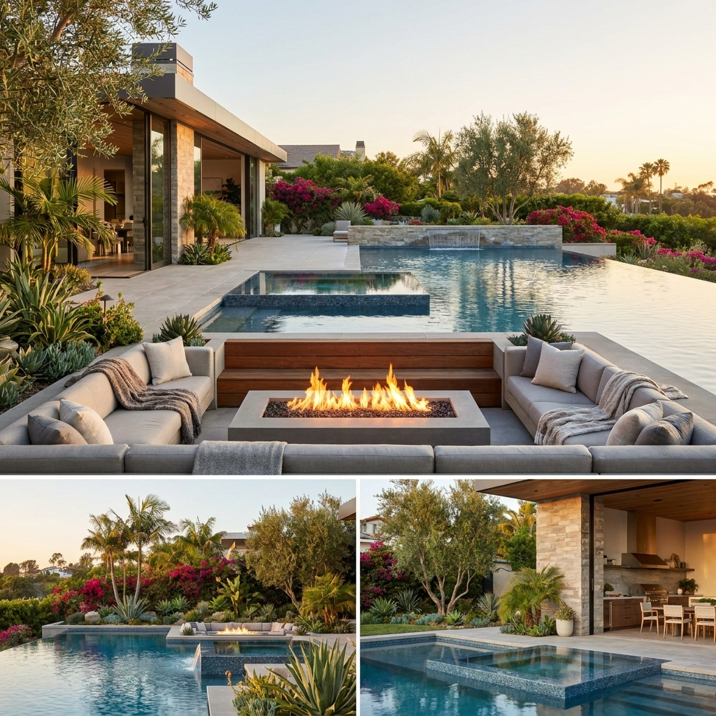 Luxury San Diego resort-style backyard with pool, spa, and fire feature at golden hour