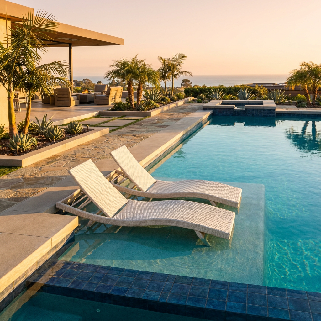 Resort style baja shelf and tanning ledge with loungers in a luxury San Diego backyard pool at golden hour