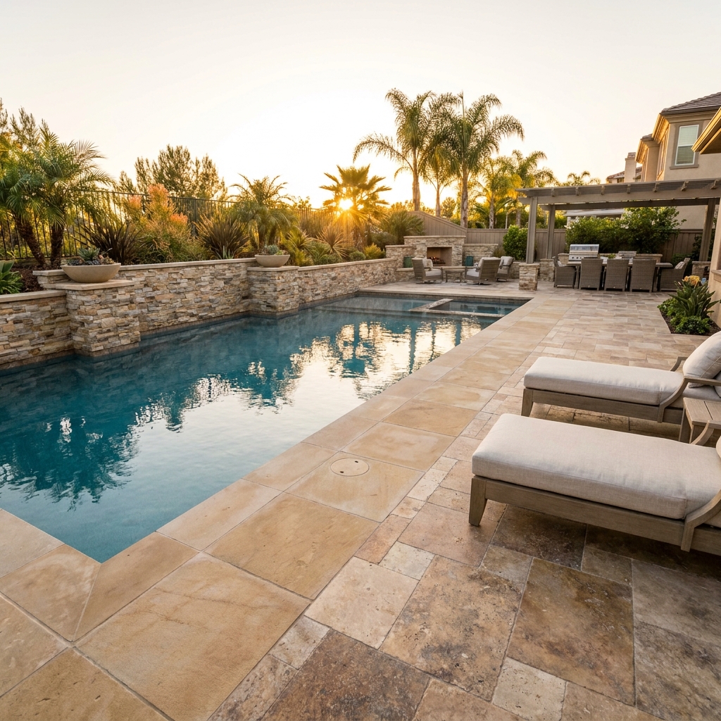 Resort-style San Diego backyard pool deck built from warm limestone and travertine pavers at golden hour