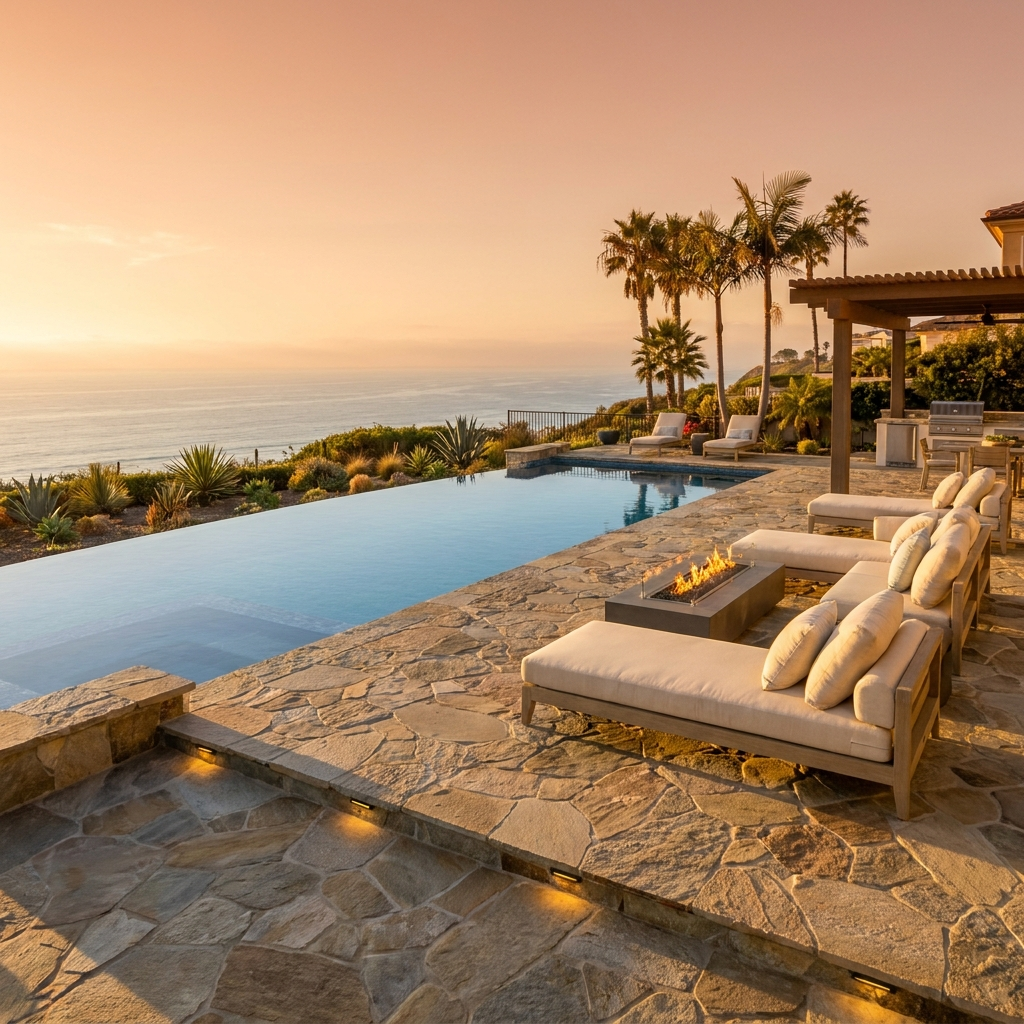 Resort-style coastal backyard with pool and ocean view in San Diego at golden hour