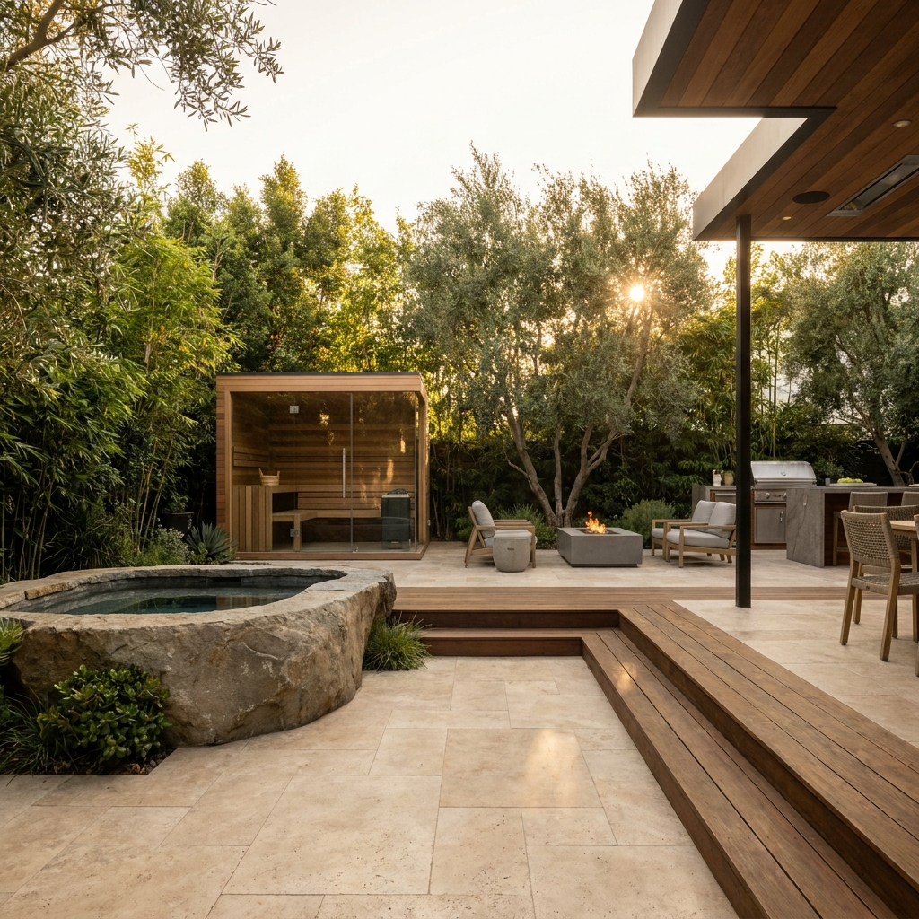Luxury San Diego backyard cold plunge in natural stone beside a modern sauna at golden hour