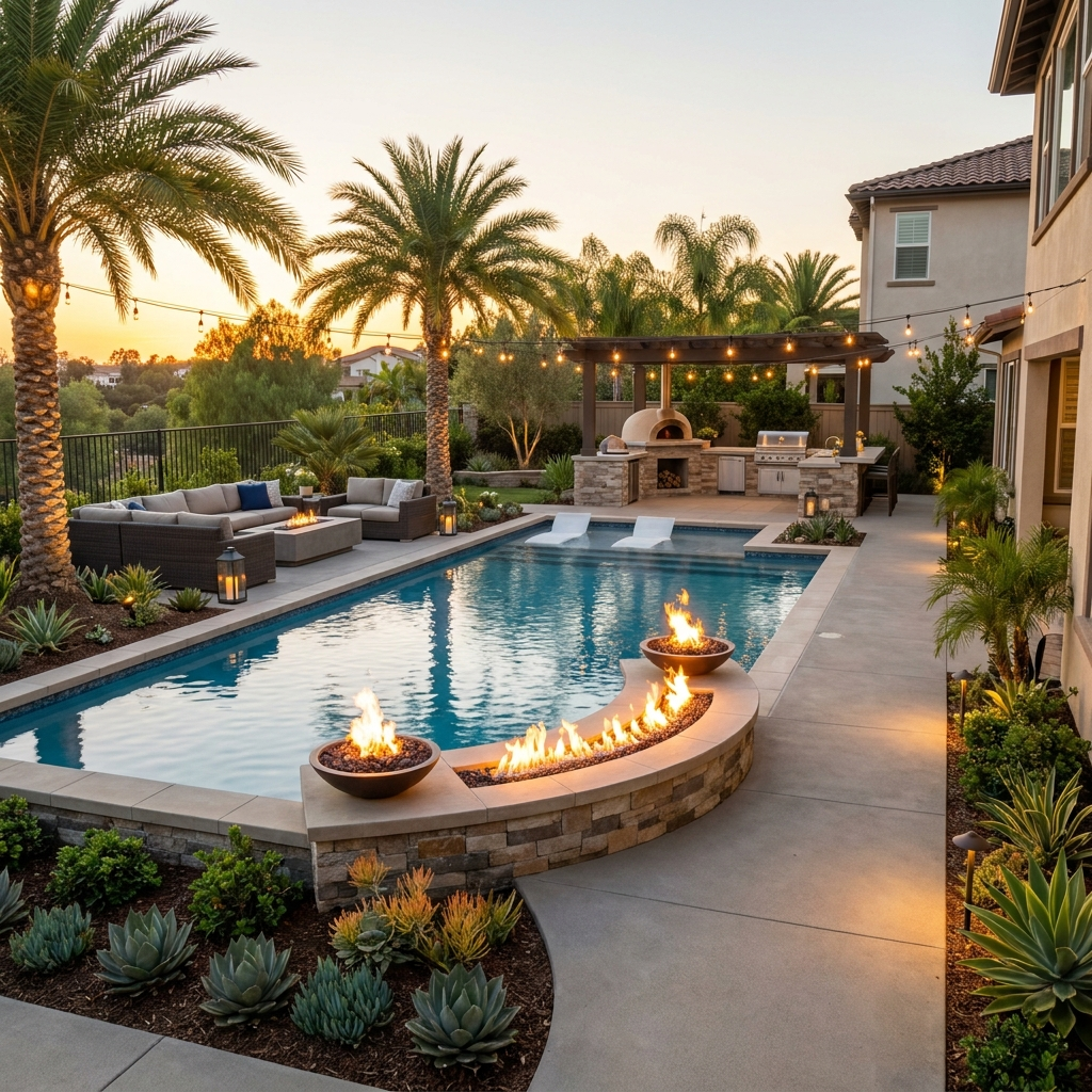 Resort-style San Diego backyard at golden hour with pool, fire feature, and outdoor kitchen