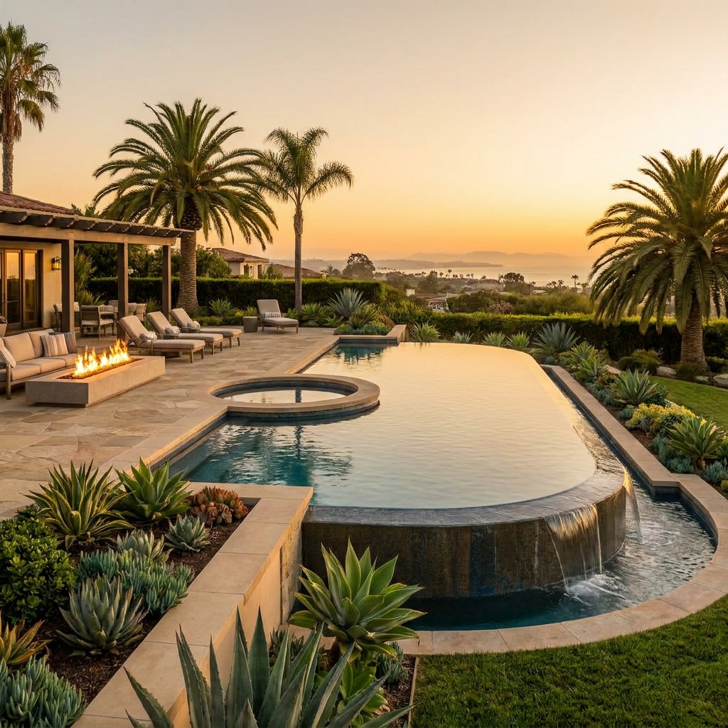 Resort-style San Diego backyard pool and spa at golden hour, shown as a finished design