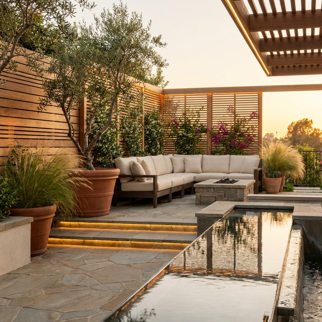 Private San Diego backyard lounge screened by layered planting and a slatted cedar privacy wall at golden hour