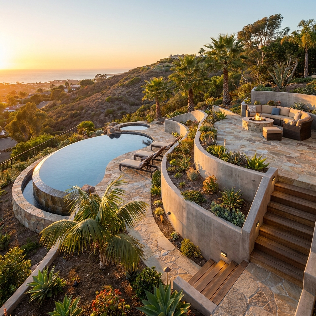 Multi-level San Diego backyard with a family pool on a lower terrace and upper lounge zone at golden hour