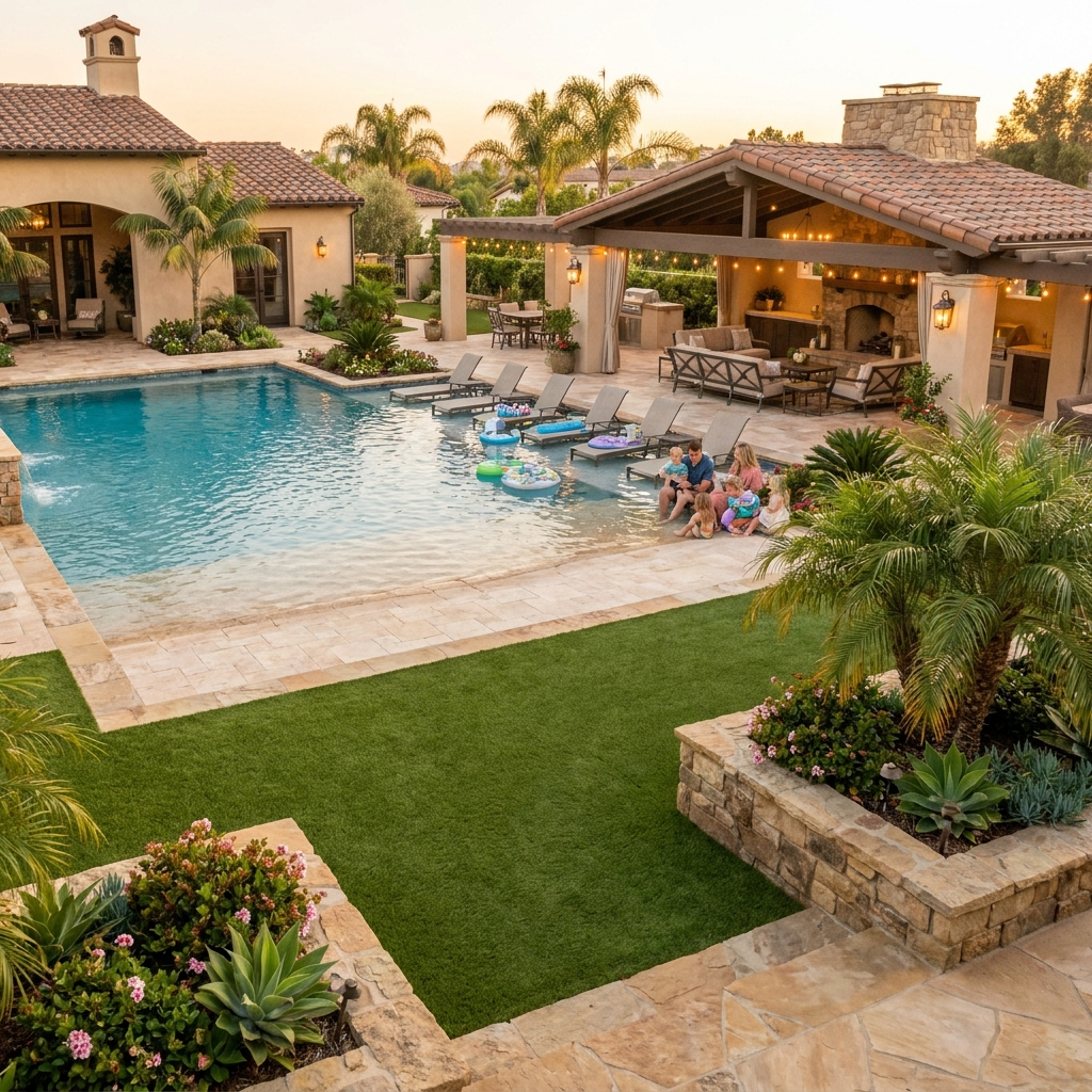 Resort-style San Diego backyard designed for families with a beach entry pool, turf lawn, and refined stone hardscape at golden hour