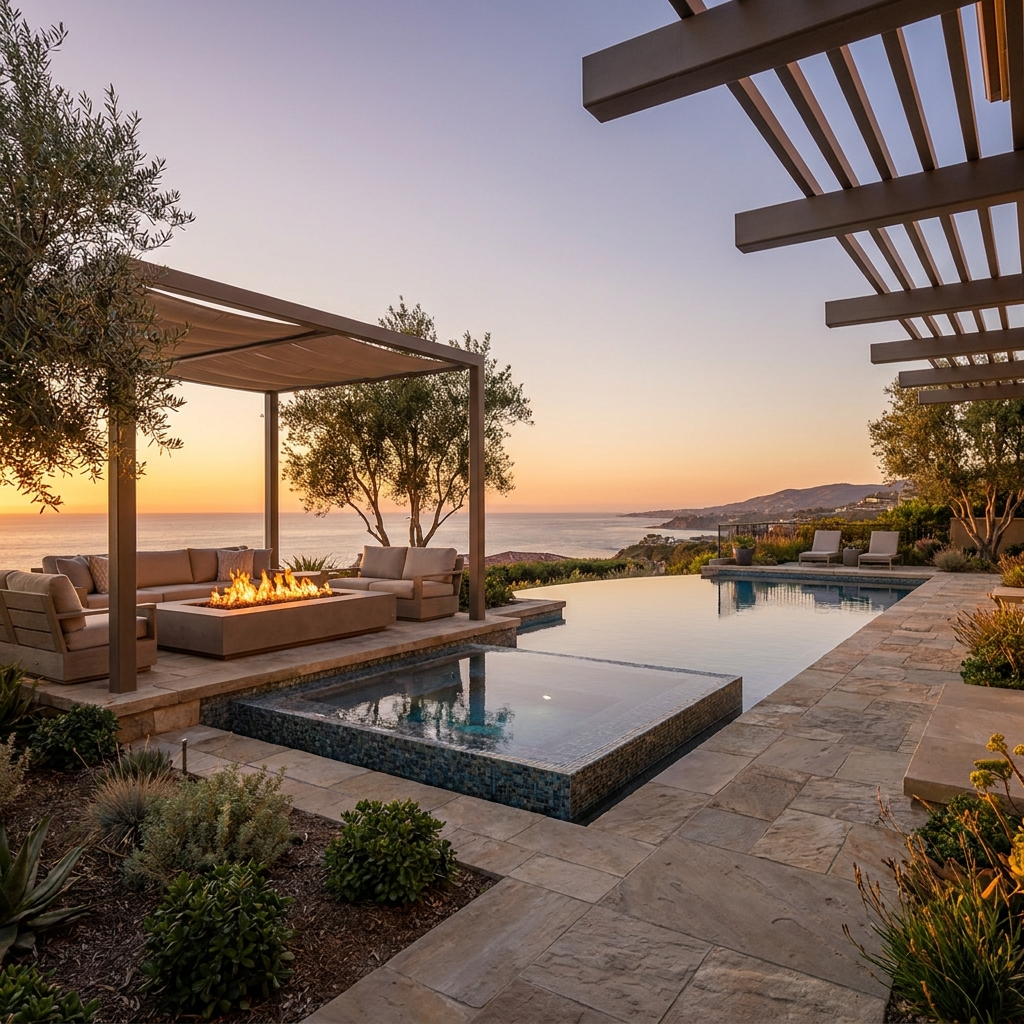 Resort-style La Jolla backyard with pool, spa, lounge and fire feature at golden hour