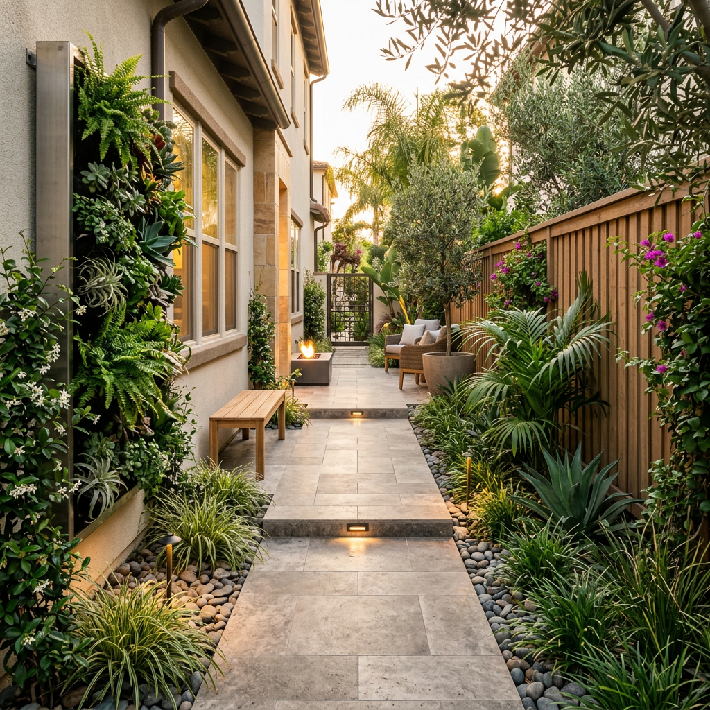 Narrow San Diego side yard redesigned as a private retreat with linear paver path, bench, and vertical garden at golden hour