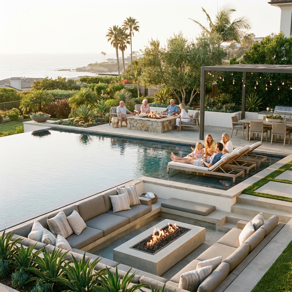 Family enjoying a luxury San Diego resort-style backyard together at golden hour