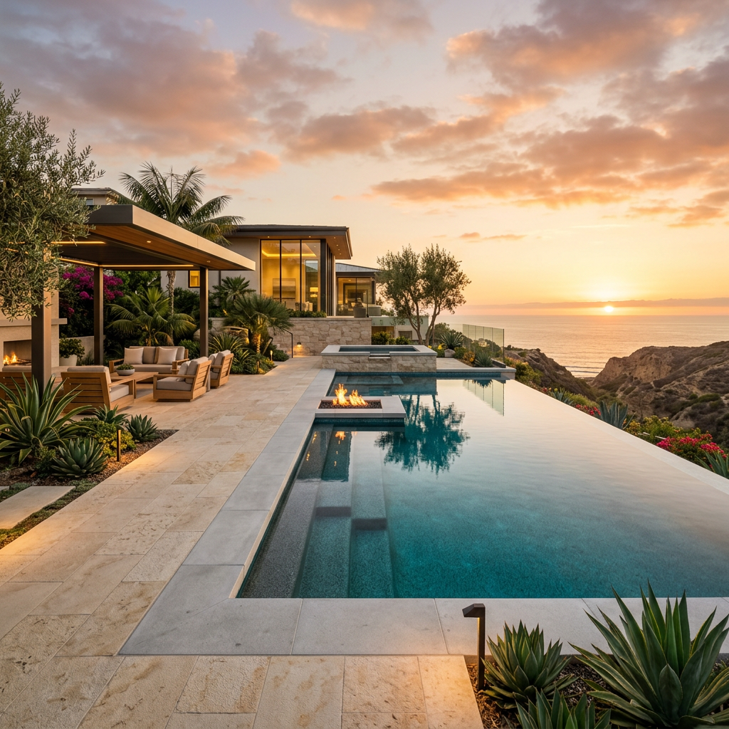 Resort-style custom pool in a luxury San Diego backyard at golden hour