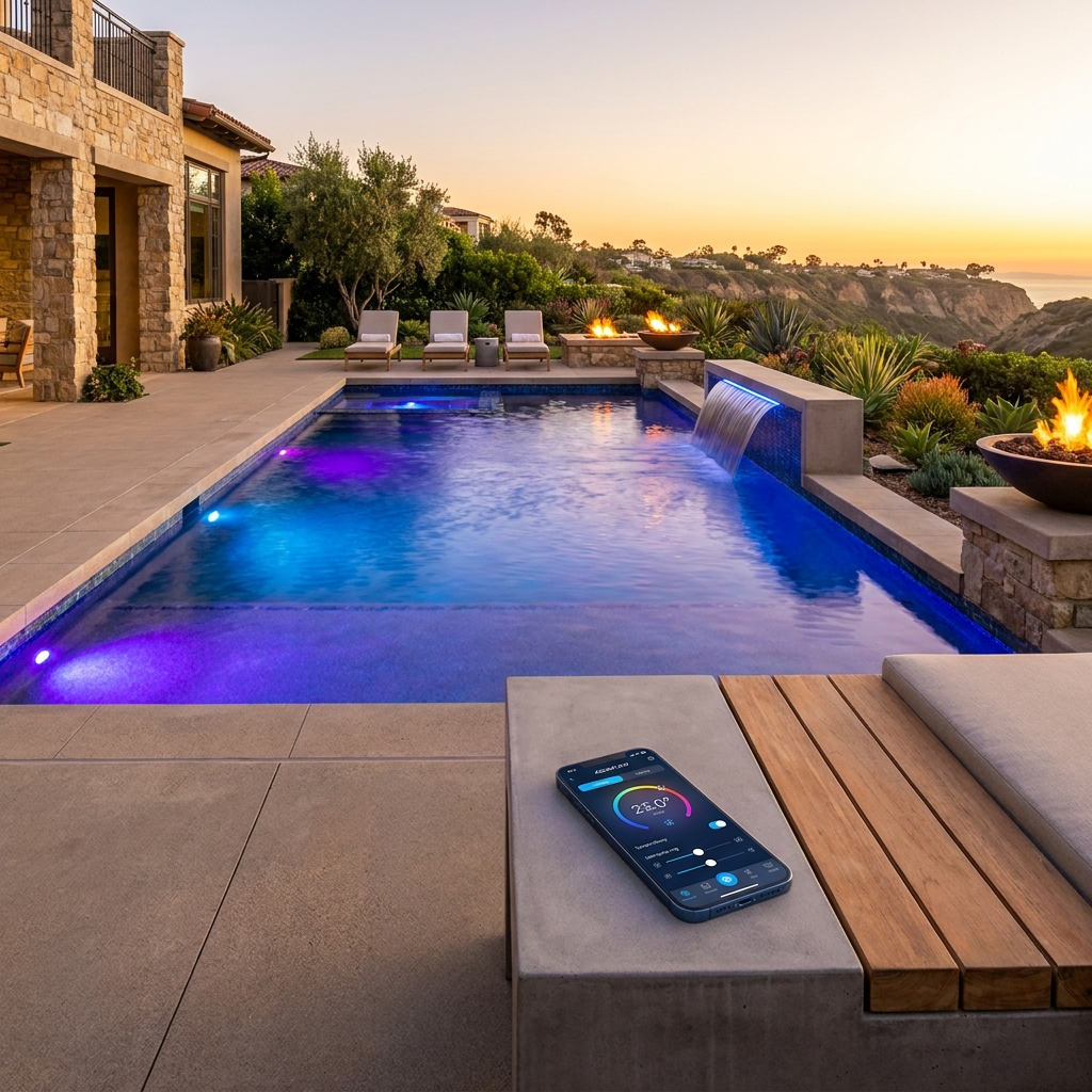 Luxury San Diego backyard pool with a smartphone pool control app at golden hour