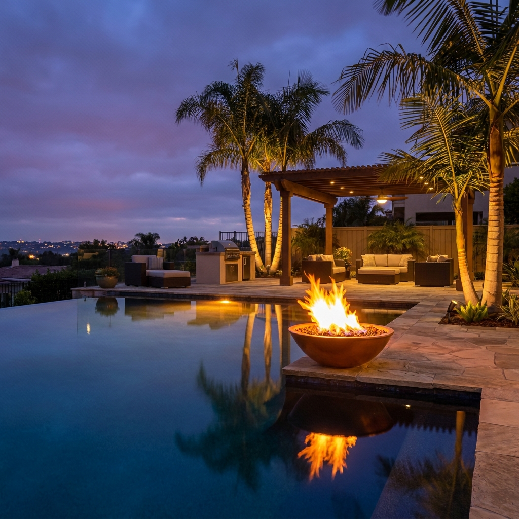 Resort-style San Diego backyard pool illuminated with warm LED lighting and a lit fire bowl at twilight