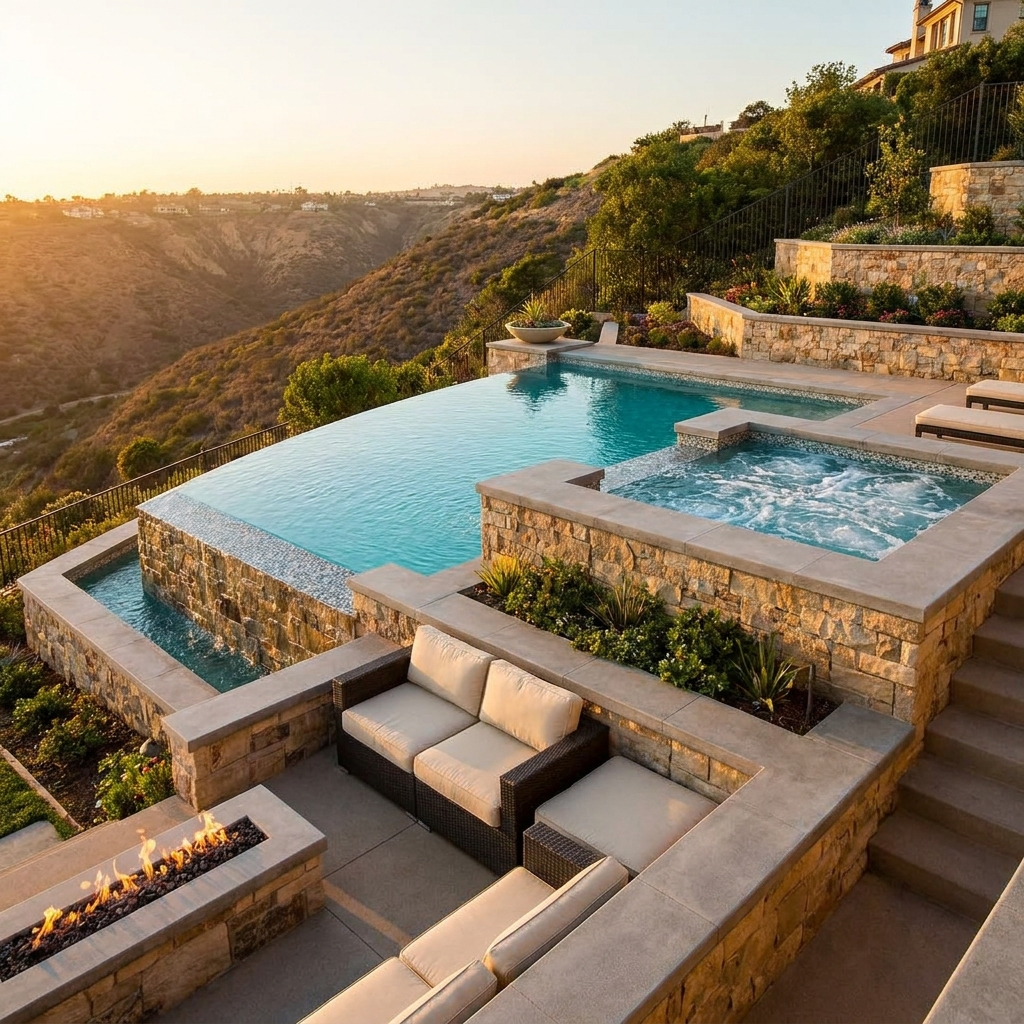 Resort-style infinity pool built on a sloped San Diego lot with tiered retaining walls and a raised spa at golden hour