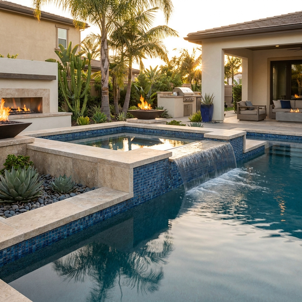 Luxury San Diego backyard with a raised spa and spillway edge flowing into an existing pool at golden hour