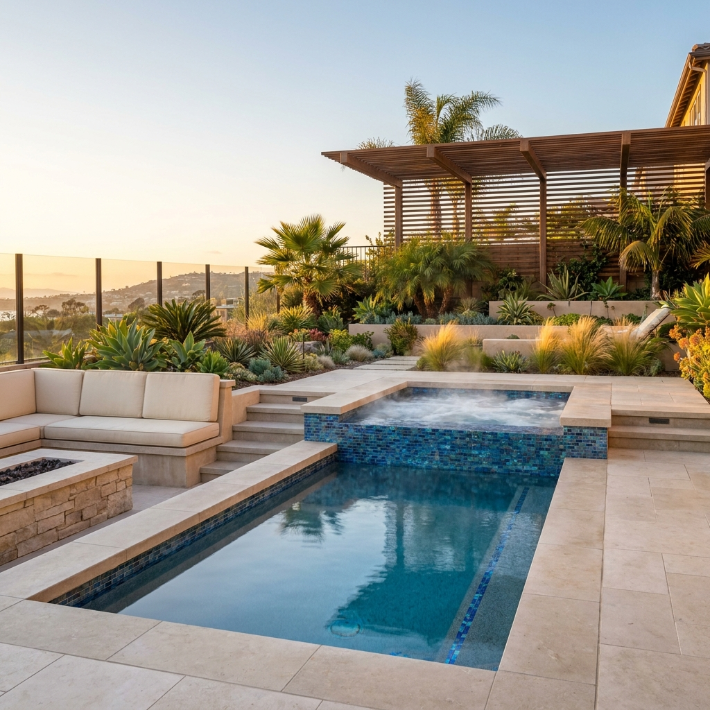 Resort-style plunge pool with attached spillover spa in a luxury San Diego backyard at golden hour