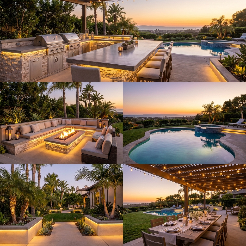 Luxury San Diego backyard set for evening entertaining with outdoor kitchen, fire pit, and pool at golden hour