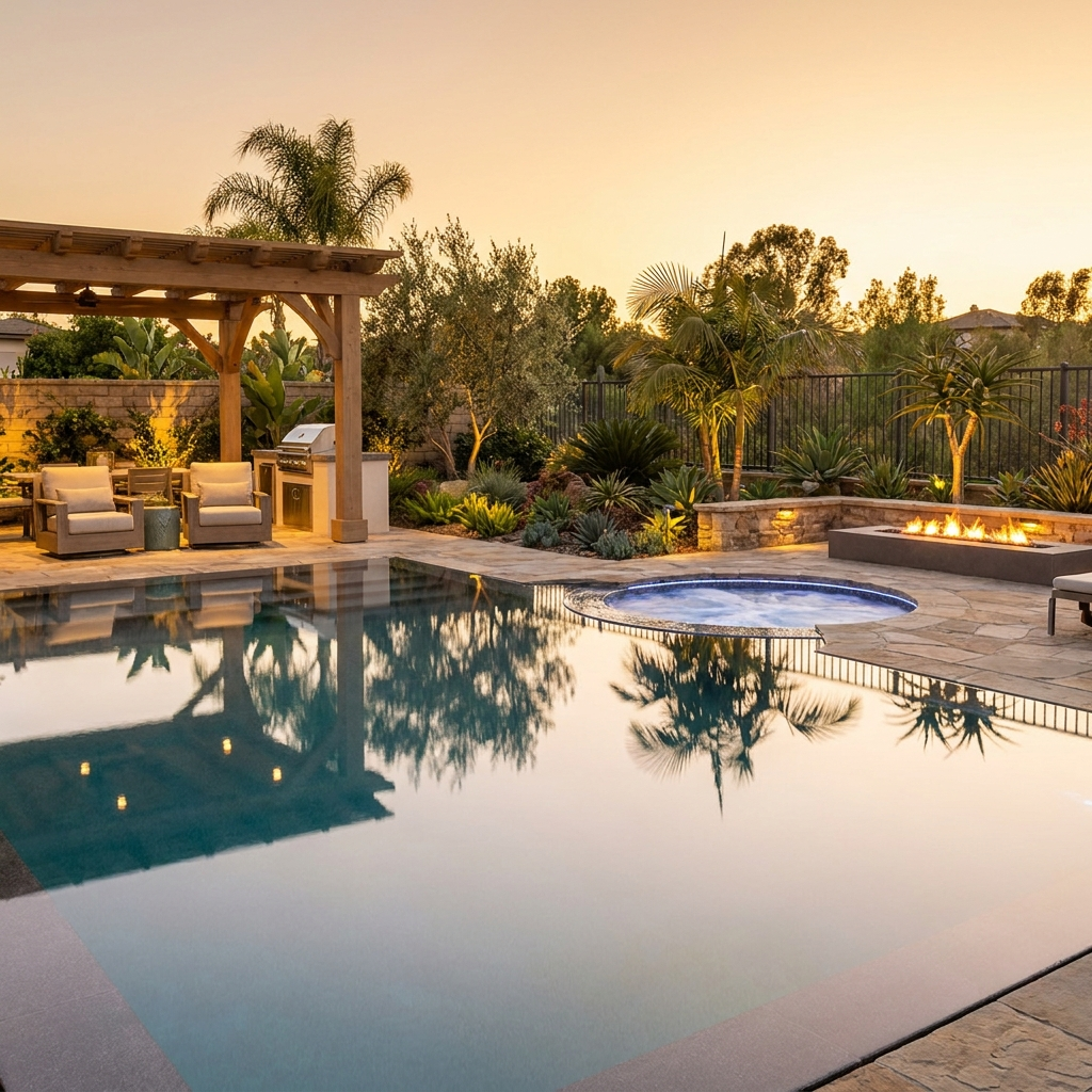 Luxury San Diego resort-style backyard with overflow pool, spa, fire feature, and warm landscape lighting at golden hour