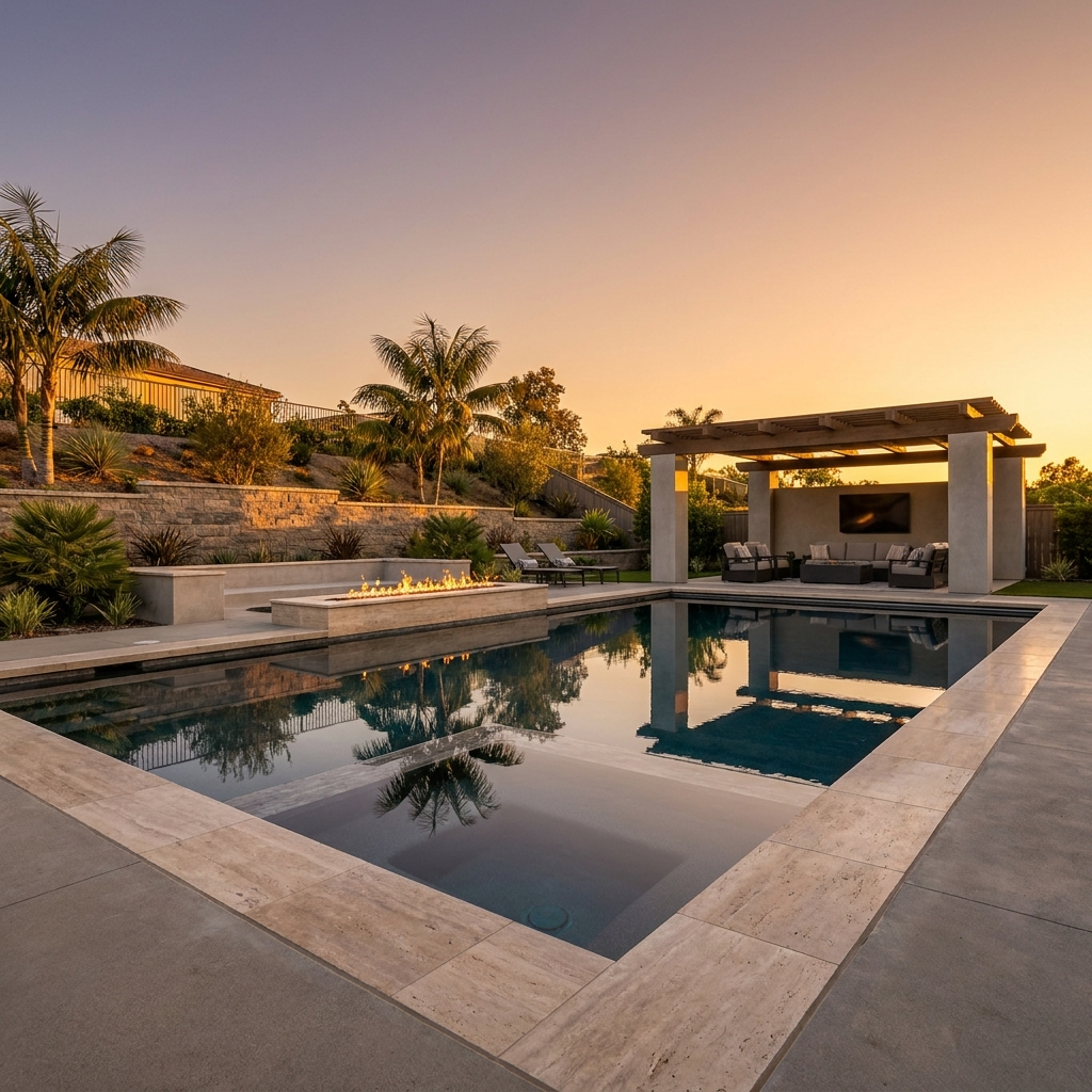 Luxury San Diego backyard with resort-style pool, spa, fire feature and covered lounge at golden hour