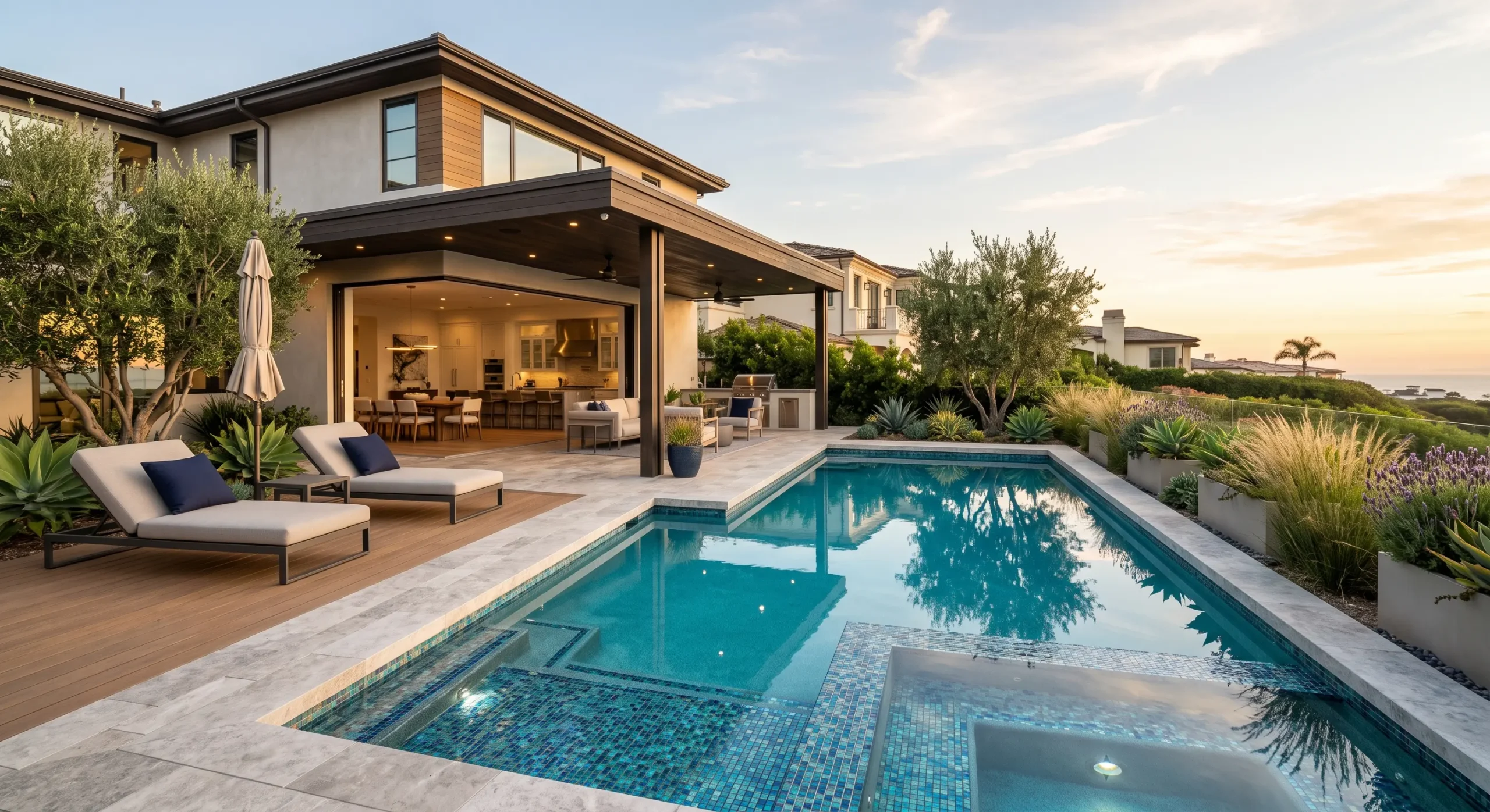 Architectural pool and spa with tanning ledge in a San Diego backyard