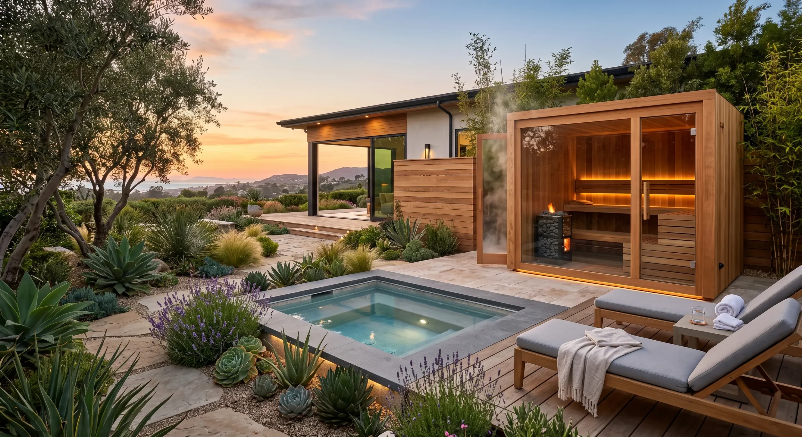 Backyard sauna and cold plunge retreat in a San Diego yard