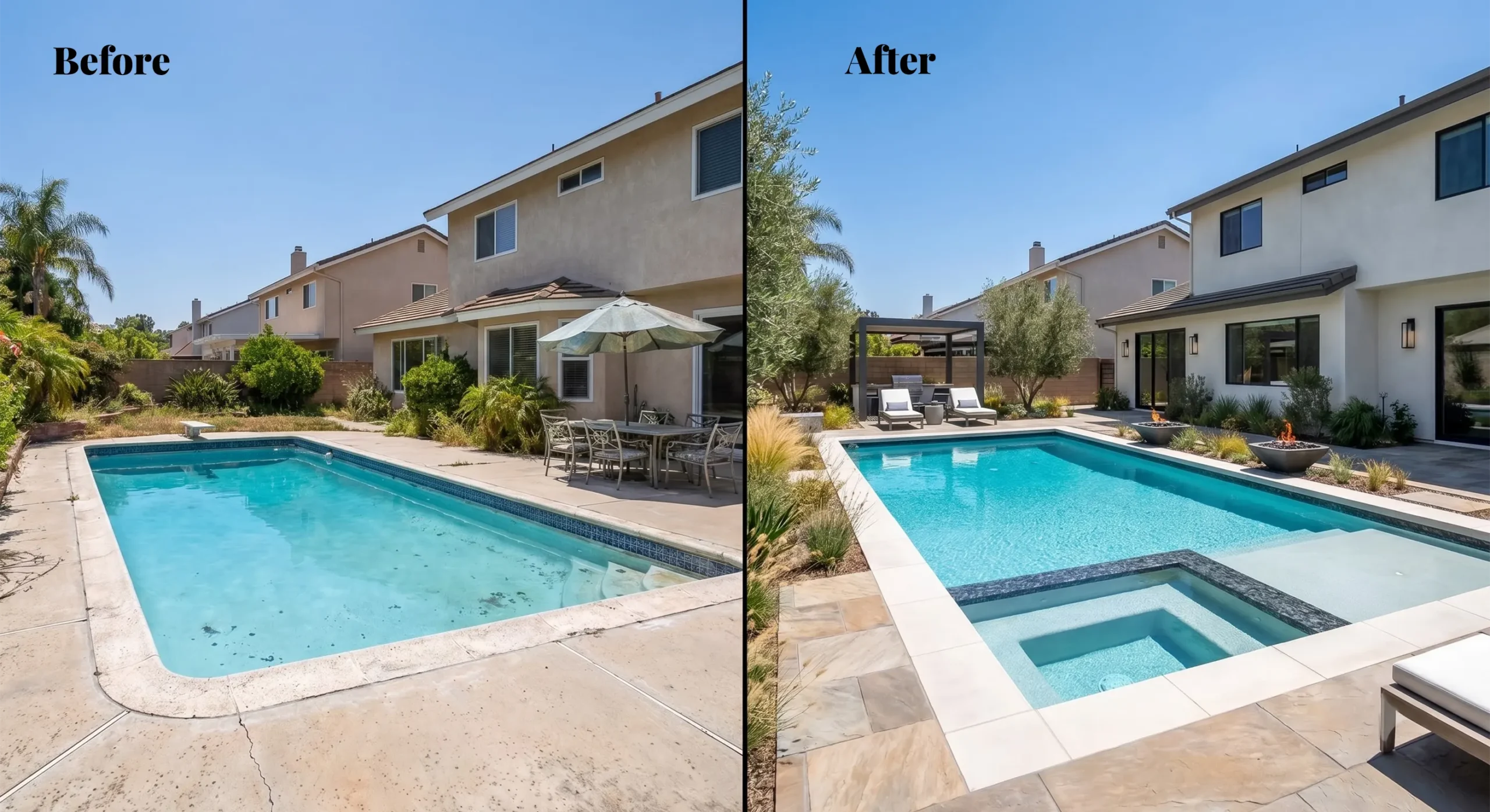 Before and after pool remodel in San Diego with updated finishes