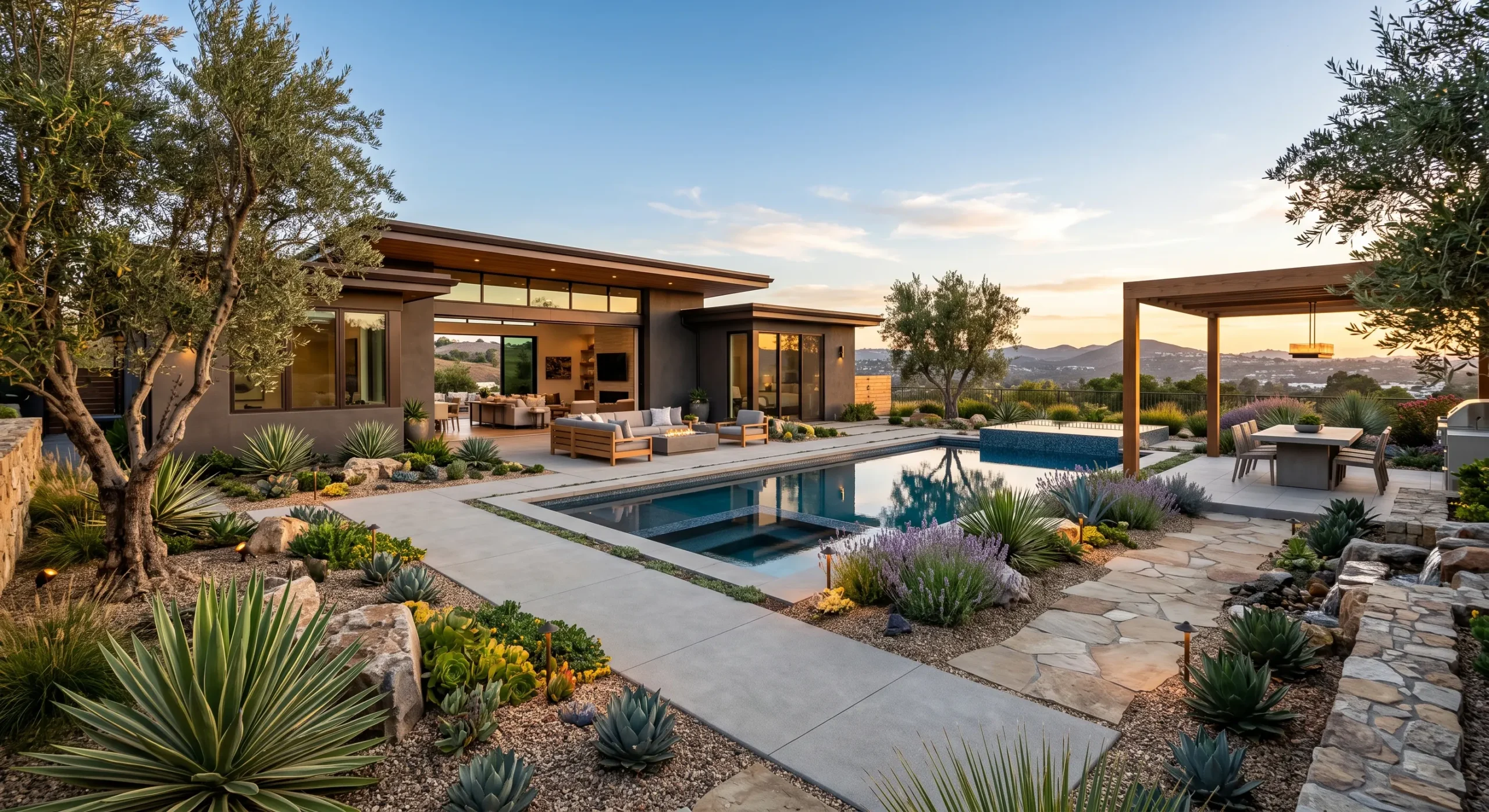 Cohesive luxury landscape design with drought-conscious planting in San Diego