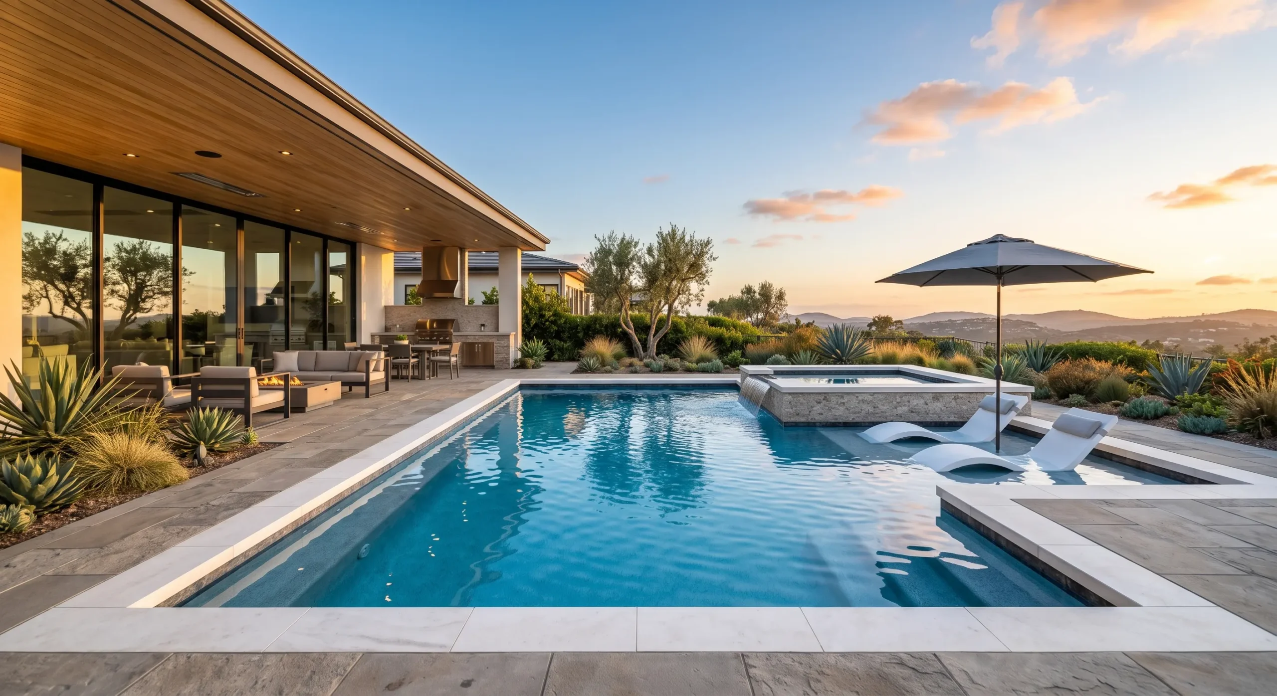 Custom infinity-edge pool with fire features in a La Jolla backyard