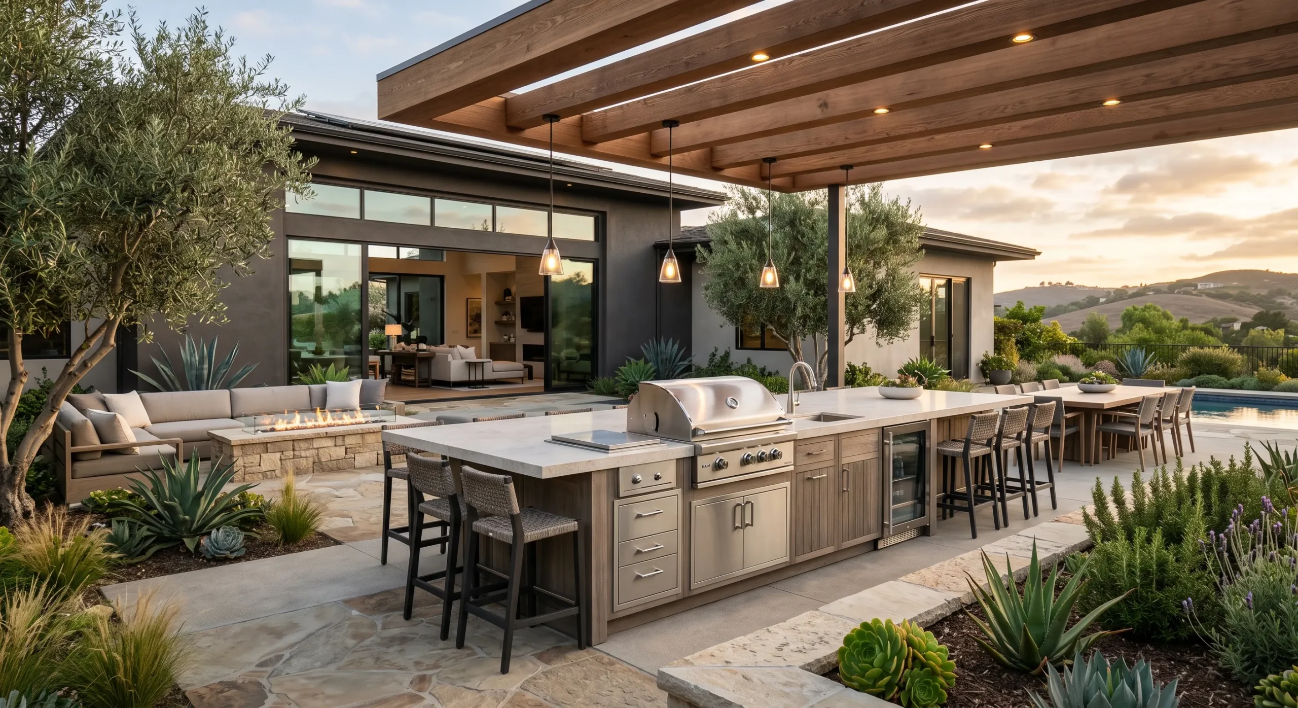 Custom outdoor kitchen with island and built-in grill in a San Diego backyard