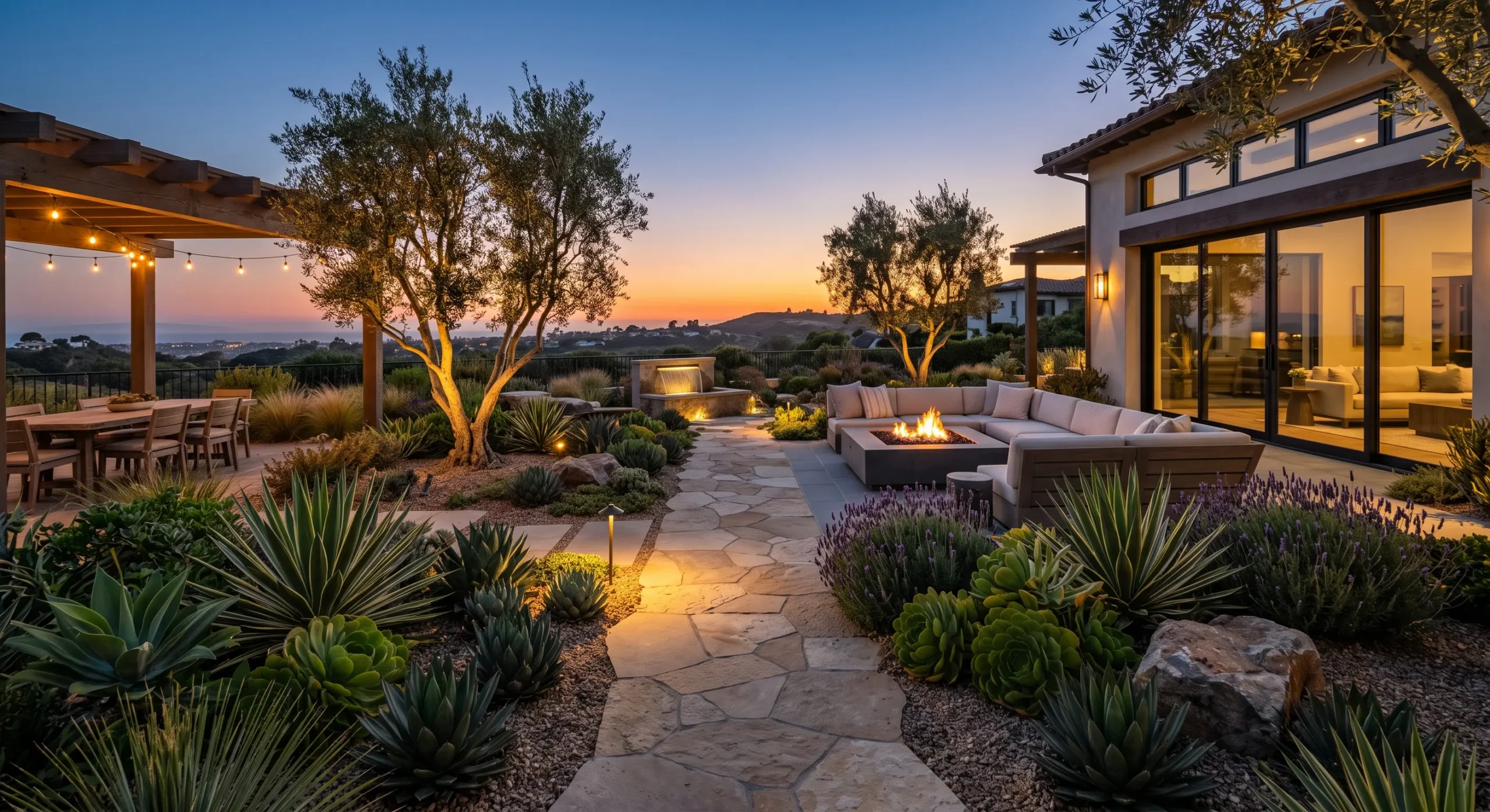 Designed backyard landscape with lighting and walkways in Encinitas