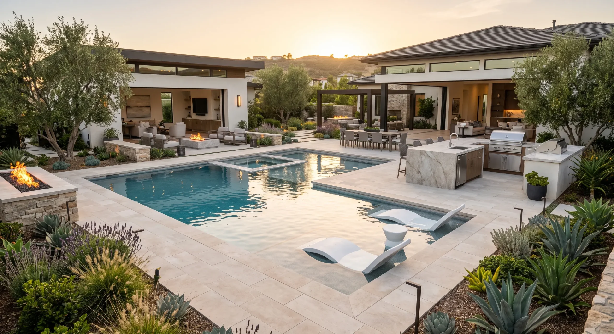 Full luxury backyard transformation with pool, kitchen, and landscape in San Diego