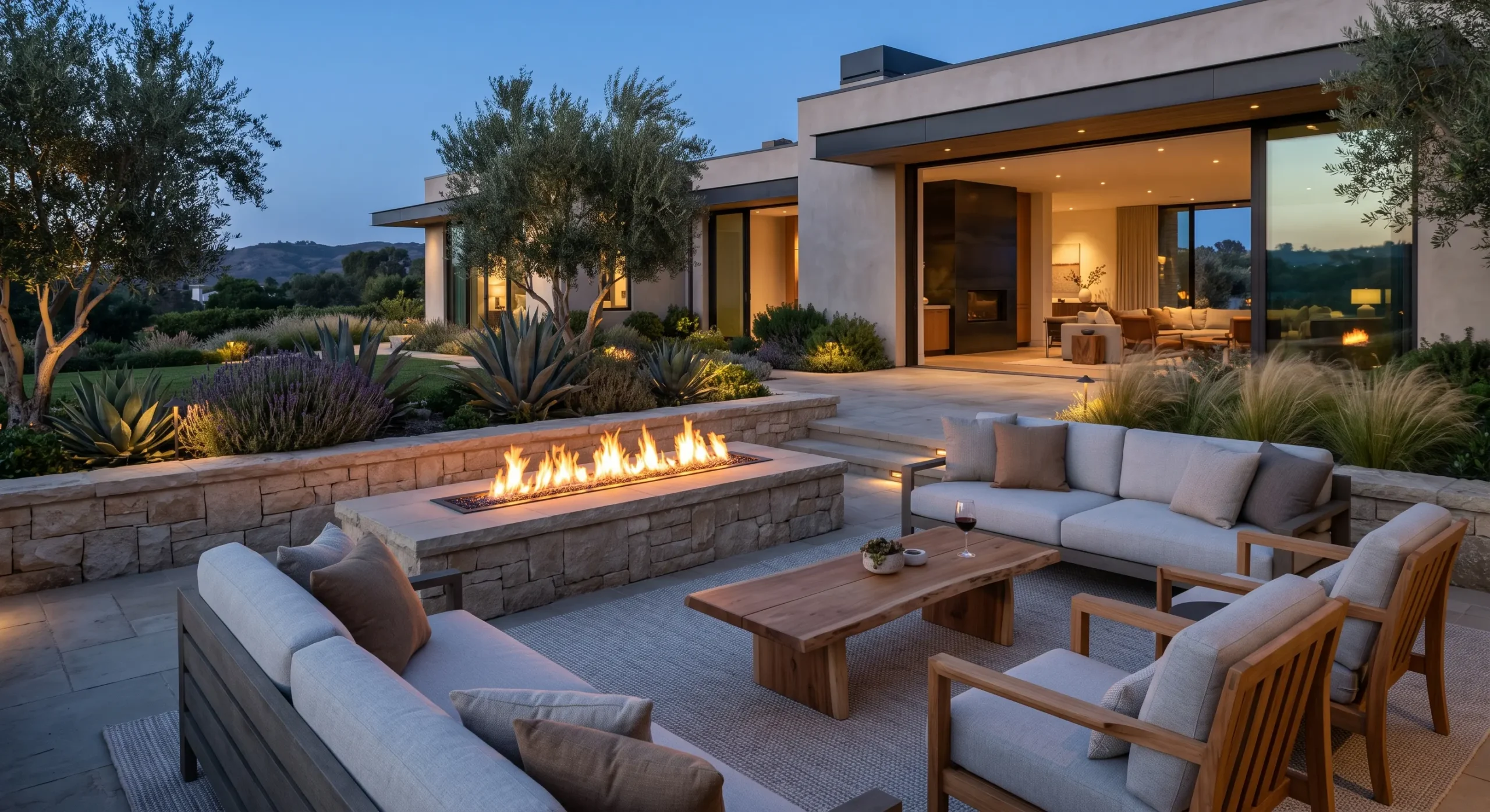 Linear fire feature and lounge in a Rancho Santa Fe outdoor living space
