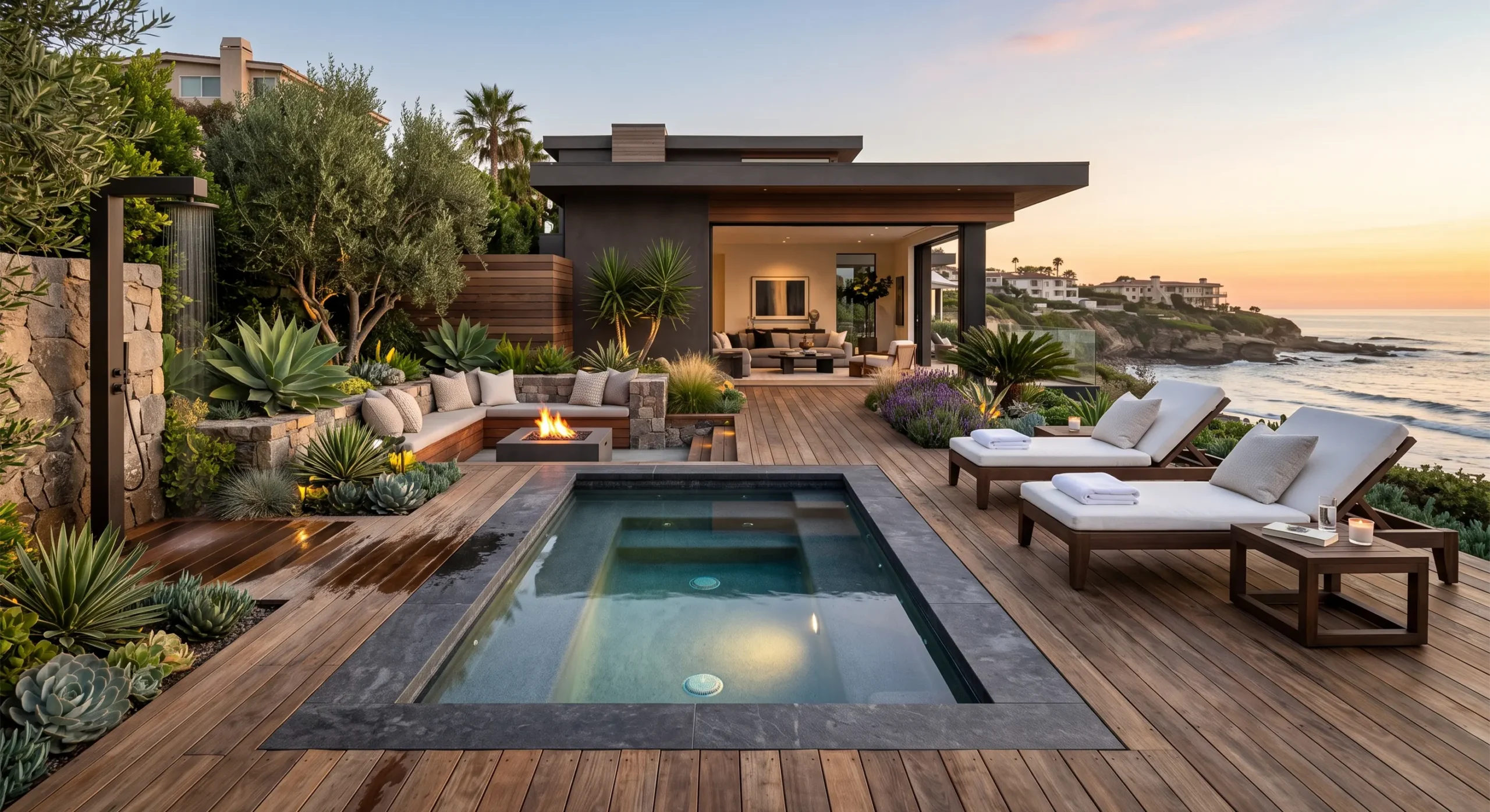 Private wellness area with spa and relaxation deck in La Jolla