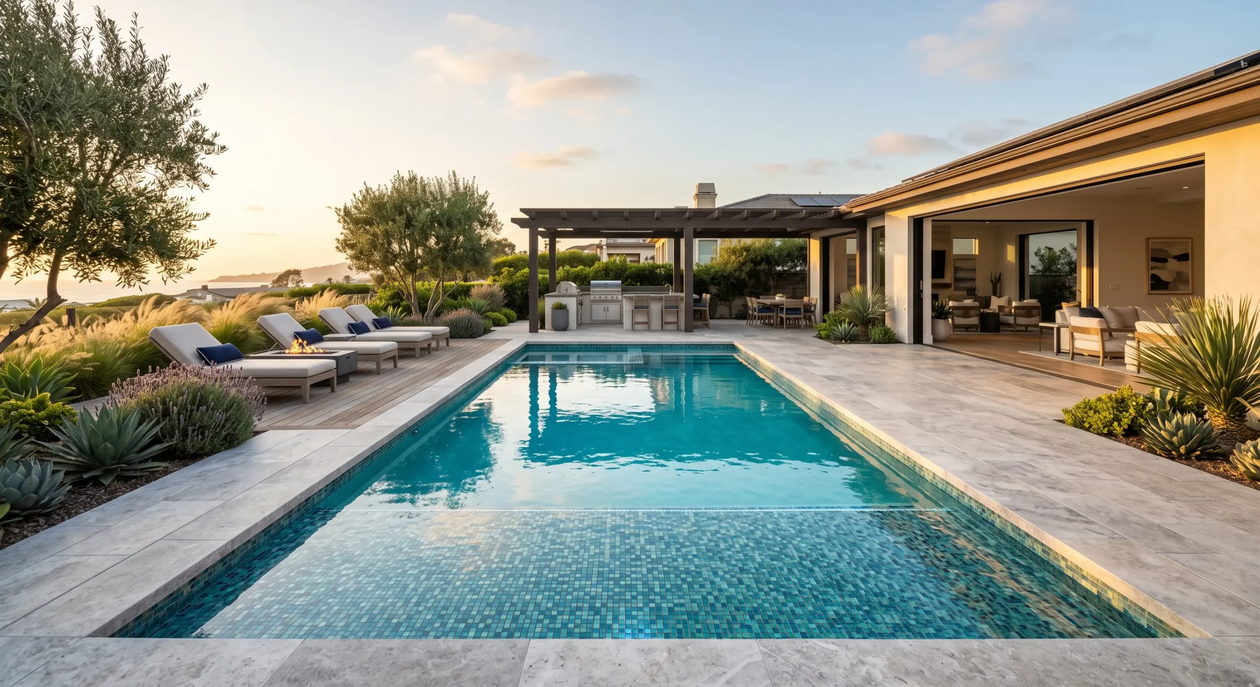 Renovated pool with new tile and modern decking in a Del Mar backyard