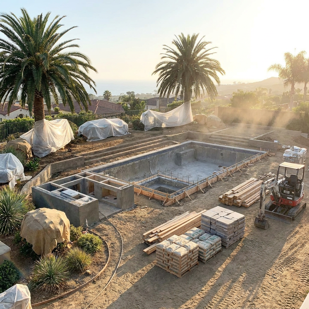 Organized San Diego backyard construction site with existing plants covered and materials staged neatly